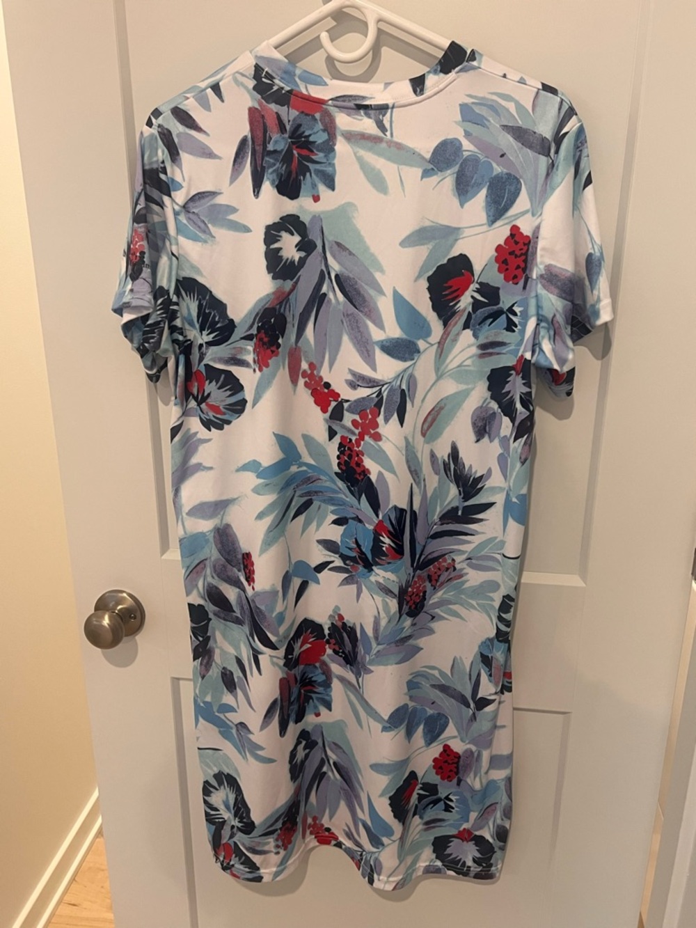 Columbia White Midi Dress with Blue Leaves and Red Floral Accents